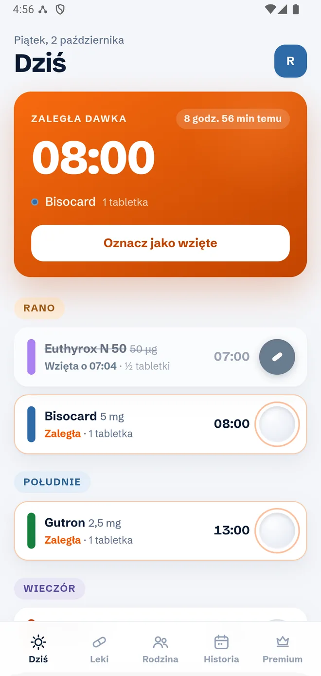 Ekran Dziś w APPteczce: karta zaległej dawki o 8:00 z przyciskiem „Oznacz jako wzięte” i plan dnia podzielony na rano, południe i wieczór