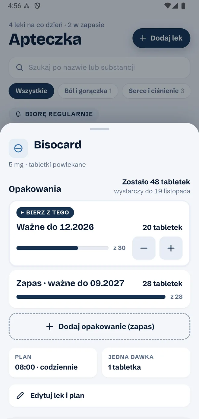 Opakowania leku: pudełko oznaczone „Bierz z tego”, ważne do 12.2026, drugie ważne do 09.2027 i zapas, który wystarczy do 19 listopada