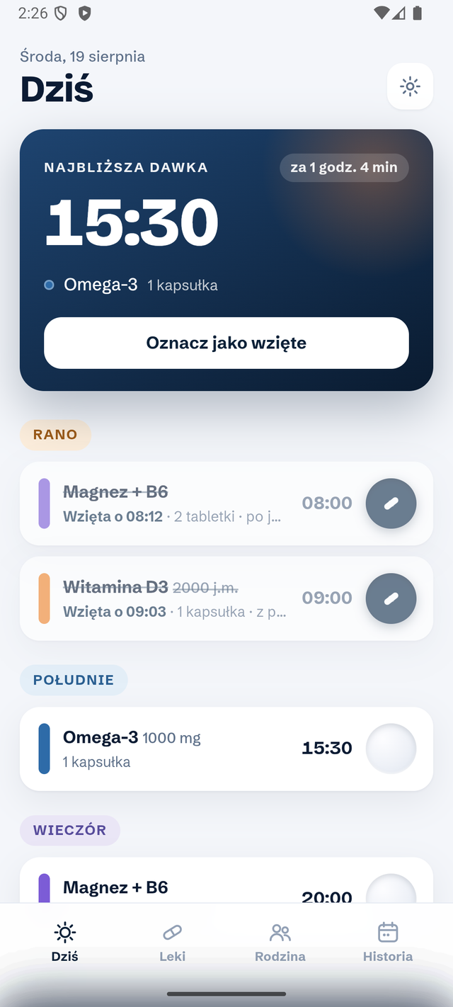 Ekran Dziś: plan dawek z kartą najbliższej dawki